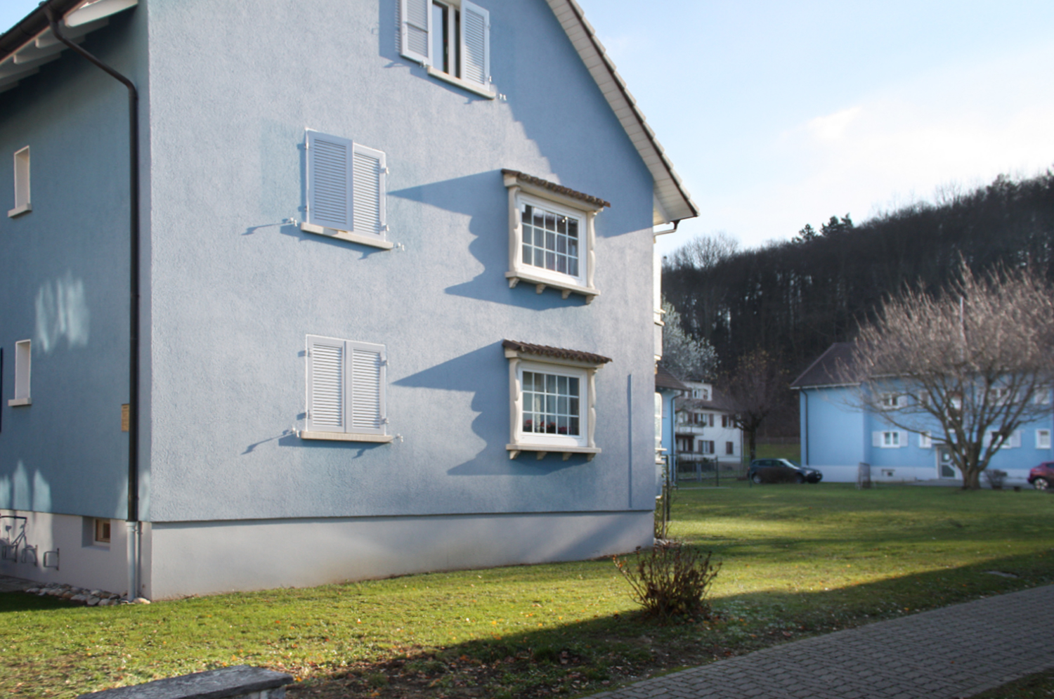 Giebel eines blauen Wohnhauses vor bewaldetem Hang.